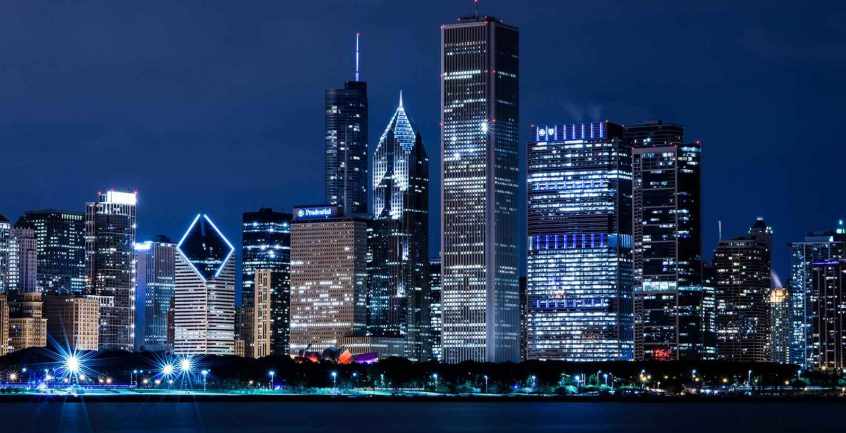 Chicago city skyline at night