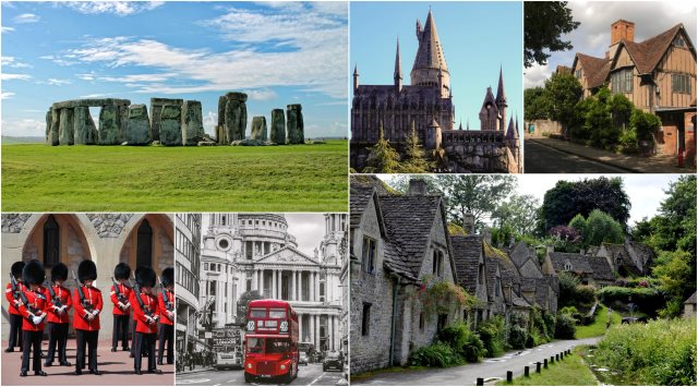 Collage image of England including red buses, stone henge
