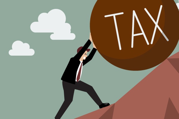 Cartoon showing man pushing tax high