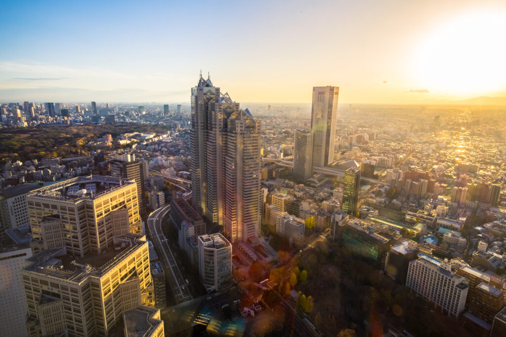 Aerial view to skyscrapers and city buildings in sunset lights.